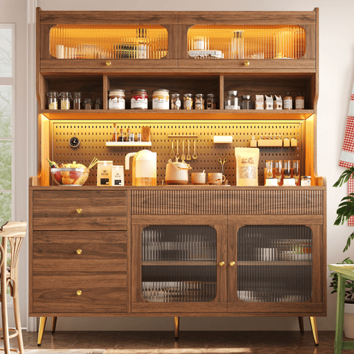 Aparador moderno 145x39x171 cm - LED, app, armazenamento com prateleiras e gaveta - Nogueira Aparador moderno 145x39x171 cm - LED, app, armazenamento com prateleiras e gaveta - Nogueira