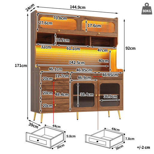 Aparador moderno 145x39x171 cm - LED, app, armazenamento com prateleiras e gaveta - Nogueira Aparador moderno 145x39x171 cm - LED, app, armazenamento com prateleiras e gaveta - Nogueira