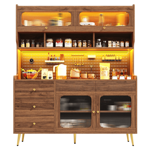 Aparador moderno 145x39x171 cm - LED, app, armazenamento com prateleiras e gaveta - Nogueira Aparador moderno 145x39x171 cm - LED, app, armazenamento com prateleiras e gaveta - Nogueira