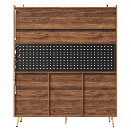 Aparador moderno 145x39x171 cm - LED, app, armazenamento com prateleiras e gaveta - Nogueira Aparador moderno 145x39x171 cm - LED, app, armazenamento com prateleiras e gaveta - Nogueira