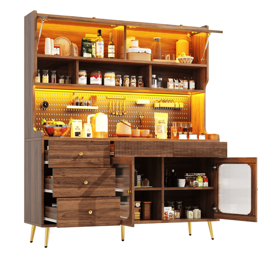Aparador moderno 145x39x171 cm - LED, app, armazenamento com prateleiras e gaveta - Nogueira Aparador moderno 145x39x171 cm - LED, app, armazenamento com prateleiras e gaveta - Nogueira