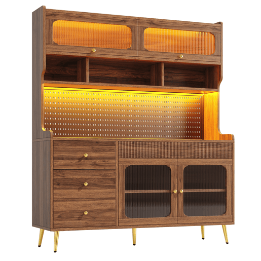 Aparador moderno 145x39x171 cm - LED, app, armazenamento com prateleiras e gaveta - Nogueira Aparador moderno 145x39x171 cm - LED, app, armazenamento com prateleiras e gaveta - Nogueira