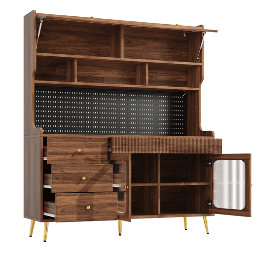 Aparador moderno 145x39x171 cm - LED, app, armazenamento com prateleiras e gaveta - Nogueira Aparador moderno 145x39x171 cm - LED, app, armazenamento com prateleiras e gaveta - Nogueira