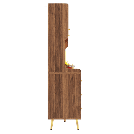 Aparador moderno 145x39x171 cm - LED, app, armazenamento com prateleiras e gaveta - Nogueira Aparador moderno 145x39x171 cm - LED, app, armazenamento com prateleiras e gaveta - Nogueira