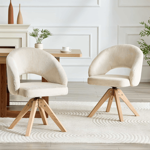 Cadeiras Retro-Luxo, Conjunto de 2 - Estrutura em tecido branco com riscas verticais e pés em madeira maciça, função de rotação silenciosa de 360° e encosto curvo envolvente - Branco, Madeira