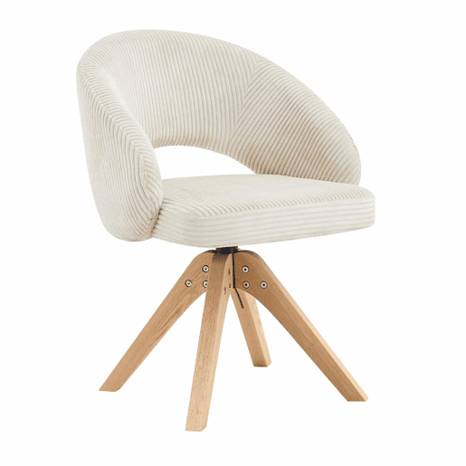 Cadeiras Retro-Luxo, Conjunto de 2 - Estrutura em tecido branco com riscas verticais e pés em madeira maciça, função de rotação silenciosa de 360° e encosto curvo envolvente - Branco, Madeira