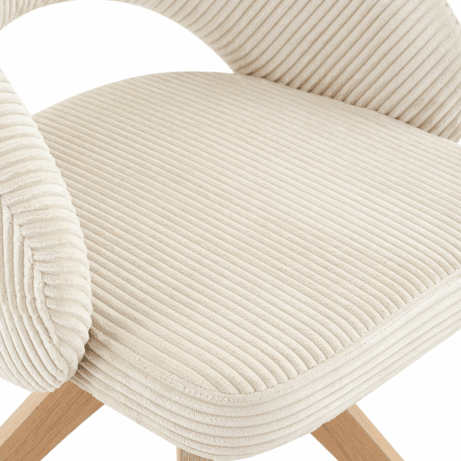 Cadeiras Retro-Luxo, Conjunto de 2 - Estrutura em tecido branco com riscas verticais e pés em madeira maciça, função de rotação silenciosa de 360° e encosto curvo envolvente - Branco, Madeira