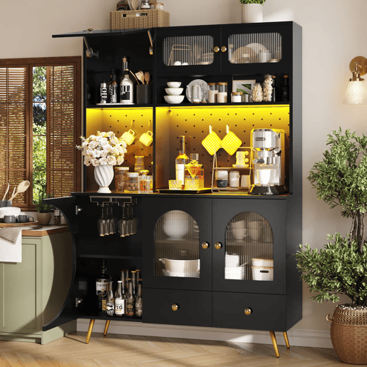 Armário alto LED - armário de cozinha com USB, tomadas, prateleiras de vidro e painel perfurado - preto