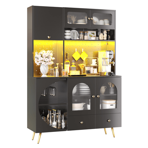 Armário alto LED - armário de cozinha com USB, tomadas, prateleiras de vidro e painel perfurado - preto