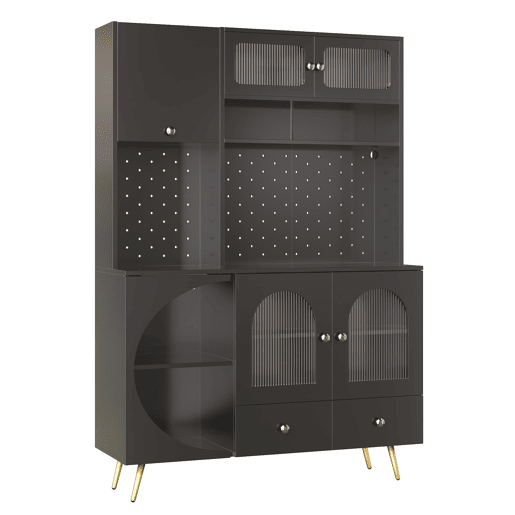 Armário alto LED - armário de cozinha com USB, tomadas, prateleiras de vidro e painel perfurado - preto