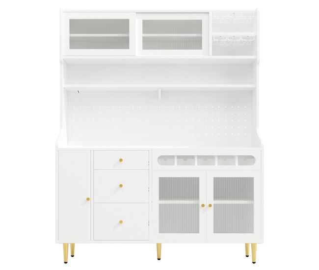 Armario alto salón 145x39x171 cm - estantes ajustables, led, cajón con botellero - blanco