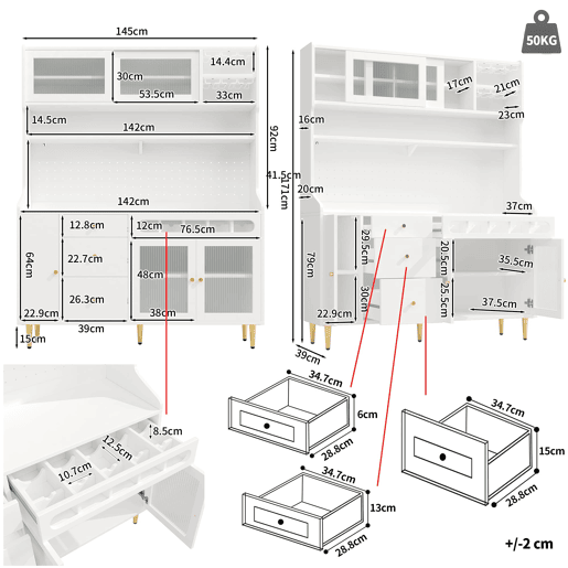 Armário alto para sala 145x39x171 cm - prateleiras ajustáveis, LED, gaveta com garrafeira - branco Armário alto para sala 145x39x171 cm - prateleiras ajustáveis, LED, gaveta com garrafeira - branco