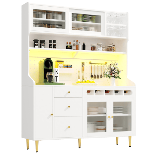 Armário alto para sala 145x39x171 cm - prateleiras ajustáveis, LED, gaveta com garrafeira - branco Armário alto para sala 145x39x171 cm - prateleiras ajustáveis, LED, gaveta com garrafeira - branco