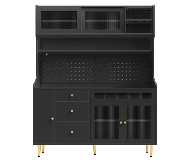 Armario alto salón 145x39x171 cm - estantes ajustables, led, cajón con botellero - negro