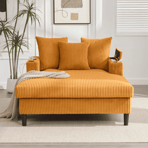 Sofá Lounge Multifuncional de 1 lugar - Chaise longue com ampla superfície de descanso, porta-copos em ambos os lados, iluminação LED, bolso lateral, espaço de arrumação, porta de carregamento USB, pés de plástico estáveis - Cor mostarda