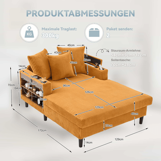 Sofá Lounge Multifuncional de 1 lugar - Chaise longue com ampla superfície de descanso, porta-copos em ambos os lados, iluminação LED, bolso lateral, espaço de arrumação, porta de carregamento USB, pés de plástico estáveis - Cor mostarda