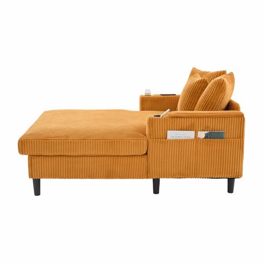 Sofá Lounge Multifuncional de 1 lugar - Chaise longue com ampla superfície de descanso, porta-copos em ambos os lados, iluminação LED, bolso lateral, espaço de arrumação, porta de carregamento USB, pés de plástico estáveis - Cor mostarda