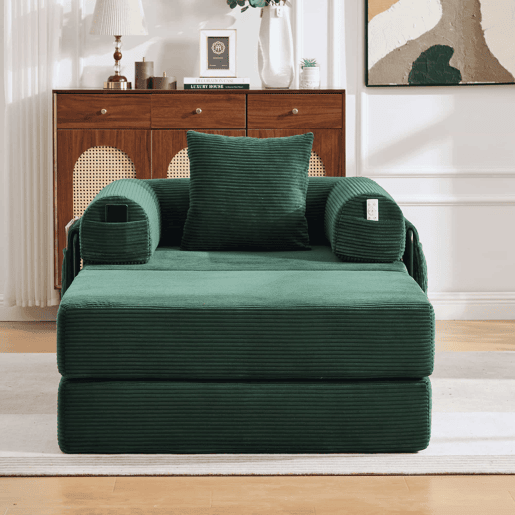 Sofá-cama individual - Design ergonómico, estrutura metálica resistente, almofadas confortáveis, inclui bolso lateral - Verde esmeralda