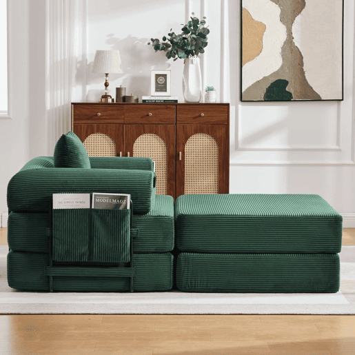 Sofá-cama individual - Design ergonómico, estrutura metálica resistente, almofadas confortáveis, inclui bolso lateral - Verde esmeralda