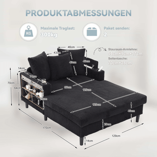 Sofá Lounge Multifuncional de 1 lugar - Com chaise longue, porta-bebidas, luz LED, porta USB e espaço de arrumação - Preto