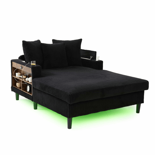 Sofá Lounge Multifuncional de 1 lugar - Com chaise longue, porta-bebidas, luz LED, porta USB e espaço de arrumação - Preto