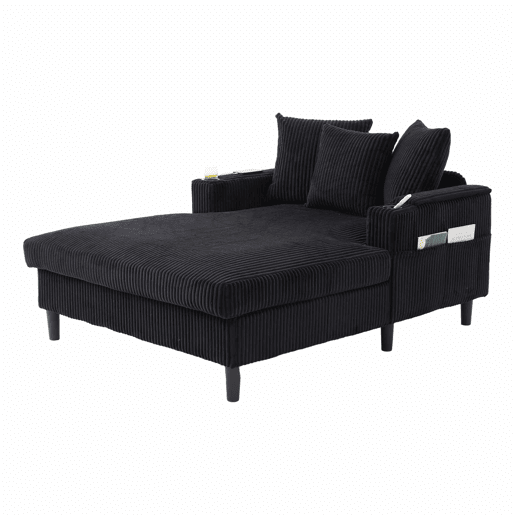 Sofá Lounge Multifuncional de 1 lugar - Com chaise longue, porta-bebidas, luz LED, porta USB e espaço de arrumação - Preto