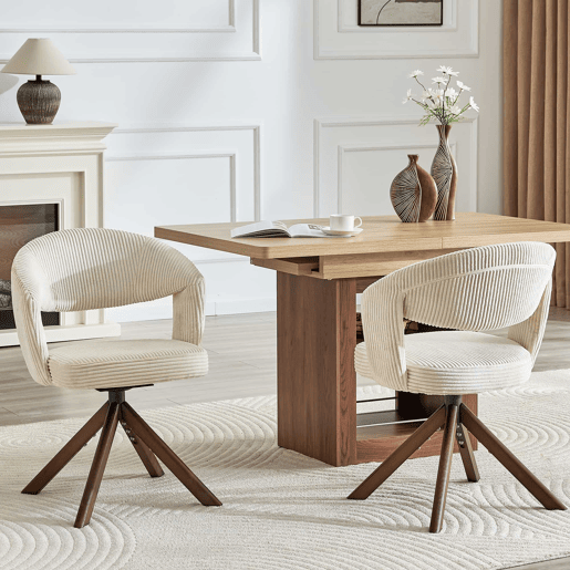 Conjunto de 2 cadeiras retro giratórias - Cadeiras de jantar em tom creme com riscas verticais e pés em madeira maciça na cor nogueira - Cor: Branco, Nogueira
