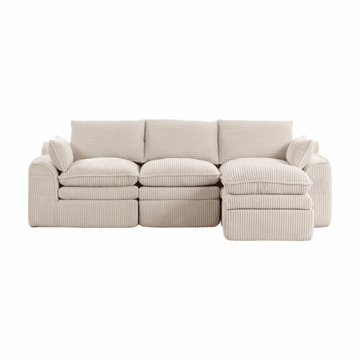 Sofá modular de 3 lugares - com pufe, almofadas e 2 bolsos laterais - bege Sofá modular de 3 lugares - com pufe, almofadas e 2 bolsos laterais - bege