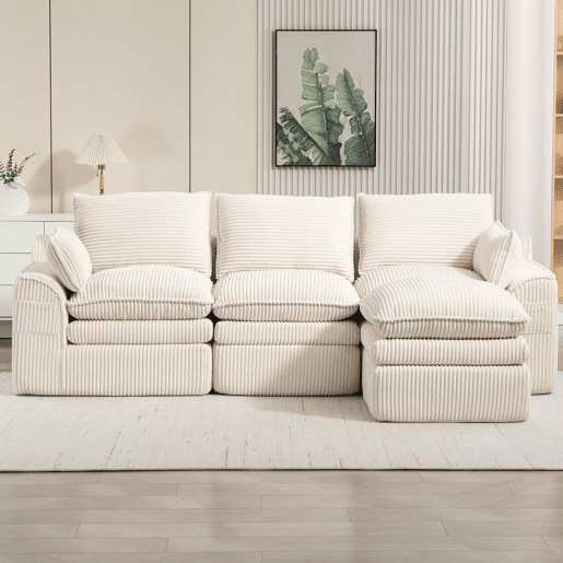 Sofá modular de 3 lugares - com pufe, almofadas e 2 bolsos laterais - bege Sofá modular de 3 lugares - com pufe, almofadas e 2 bolsos laterais - bege