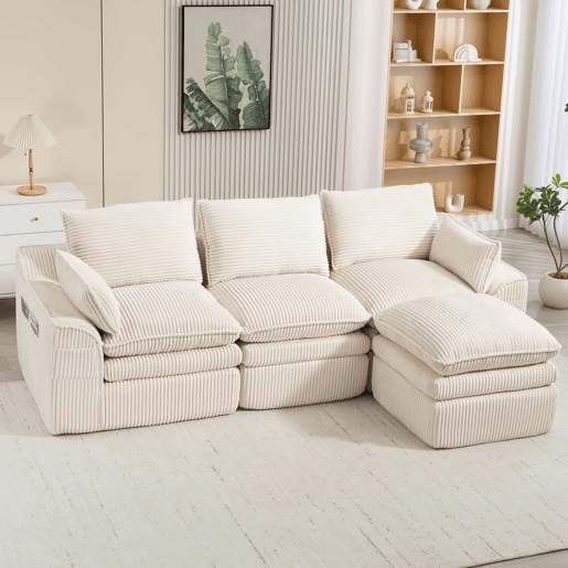 Sofá modular de 3 lugares - com pufe, almofadas e 2 bolsos laterais - bege Sofá modular de 3 lugares - com pufe, almofadas e 2 bolsos laterais - bege