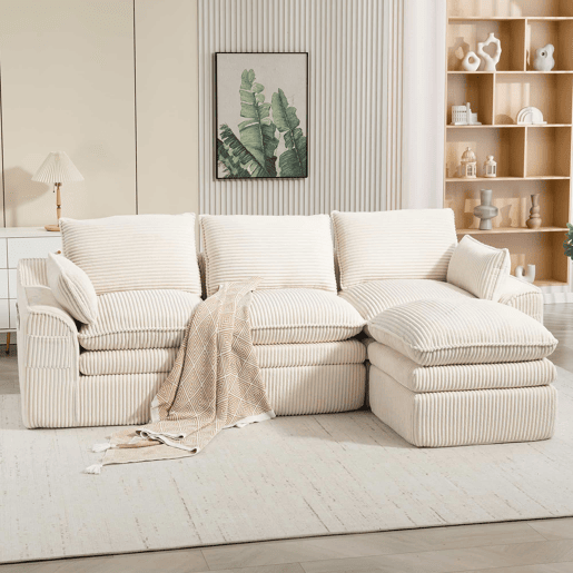 Sofá modular de 3 lugares - com pufe, almofadas e 2 bolsos laterais - bege Sofá modular de 3 lugares - com pufe, almofadas e 2 bolsos laterais - bege