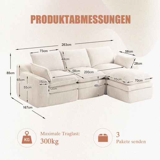 Sofá modular de 3 lugares - com pufe, almofadas e 2 bolsos laterais - bege Sofá modular de 3 lugares - com pufe, almofadas e 2 bolsos laterais - bege