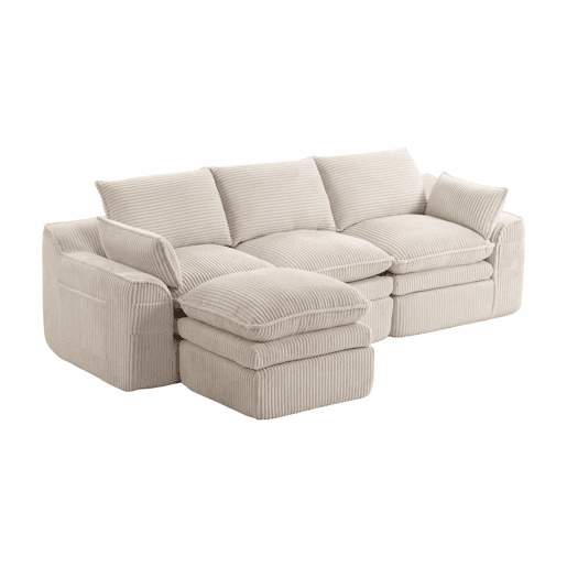 Sofá modular de 3 lugares - com pufe, almofadas e 2 bolsos laterais - bege Sofá modular de 3 lugares - com pufe, almofadas e 2 bolsos laterais - bege
