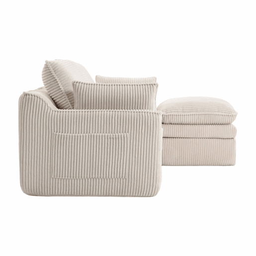 Sofá modular de 3 lugares - com pufe, almofadas e 2 bolsos laterais - bege Sofá modular de 3 lugares - com pufe, almofadas e 2 bolsos laterais - bege