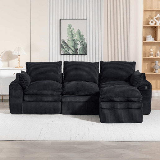 Sofá modular de 3 lugares - Inclui almofadas e 2 bolsos laterais, espuma de 3 camadas + molas para recuperação rápida, combinável à vontade - Preto