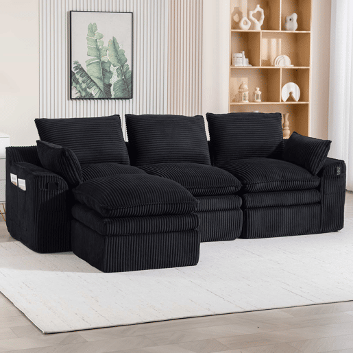 Sofá modular de 3 lugares - Inclui almofadas e 2 bolsos laterais, espuma de 3 camadas + molas para recuperação rápida, combinável à vontade - Preto