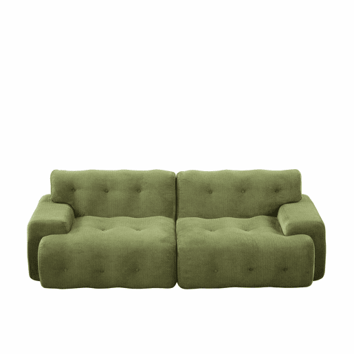 Sofá de 2 lugares grande - braços largos, design moderno com botões, formato curvo, sem montagem - verde