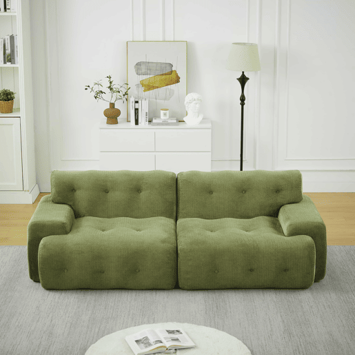 Sofá de 2 lugares grande - braços largos, design moderno com botões, formato curvo, sem montagem - verde