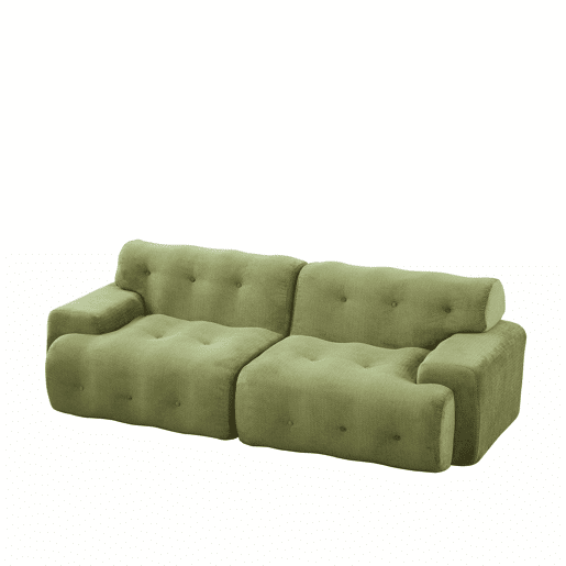 Sofá de 2 lugares grande - braços largos, design moderno com botões, formato curvo, sem montagem - verde