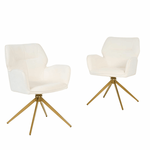 Cadeira de jantar giratória (2 unidades) - Cadeiras com pés de metal, assento em tecido tipo veludo - Branco creme