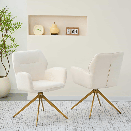 Cadeira de jantar giratória (2 unidades) - Cadeiras com pés de metal, assento em tecido tipo veludo - Branco creme