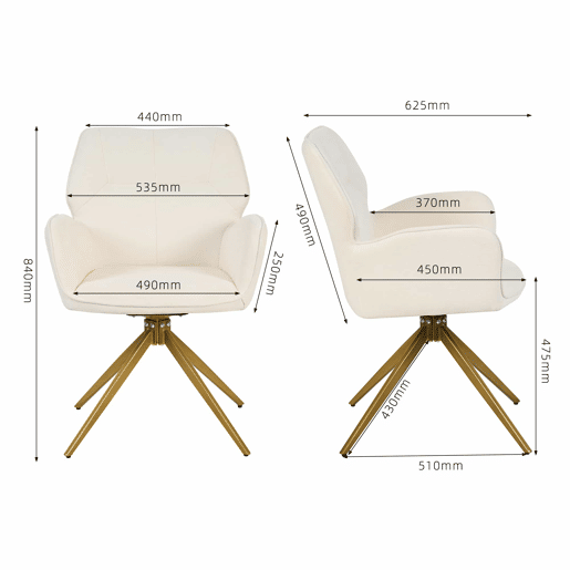 Cadeira de jantar giratória (2 unidades) - Cadeiras com pés de metal, assento em tecido tipo veludo - Branco creme