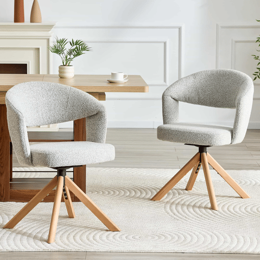 Conjunto de 2 cadeiras Retro-Luxo - Estrutura em tecido cinzento claro, rotação silenciosa de 360°, encosto curvo, pés em madeira - Cinza Claro, Madeira