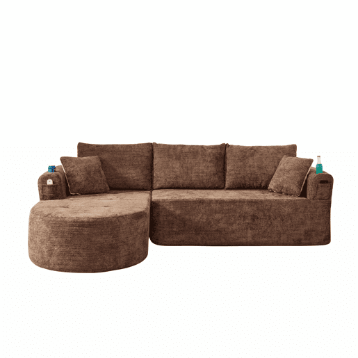 Sofá de canto em L de 3 lugares - Cloud Couch, sem montagem, com porta-copos em aço inoxidável resistente ao calor, estofos em linho respirável e duradouro, bolsos laterais e braços - Castanho