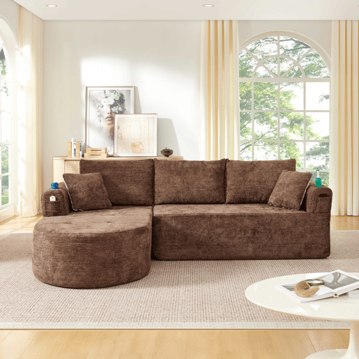 Sofá de canto em L de 3 lugares - Cloud Couch, sem montagem, com porta-copos em aço inoxidável resistente ao calor, estofos em linho respirável e duradouro, bolsos laterais e braços - Castanho