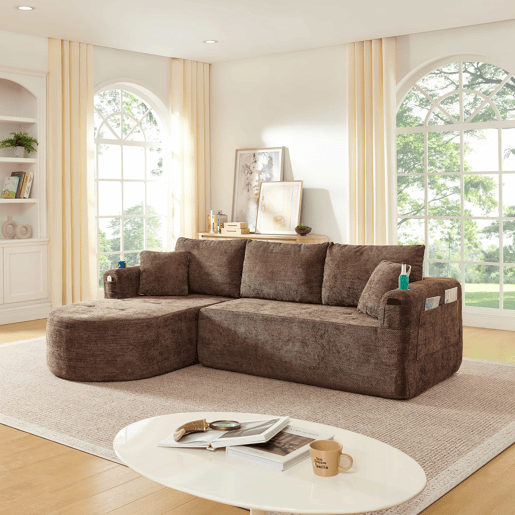 Sofá de canto em L de 3 lugares - Cloud Couch, sem montagem, com porta-copos em aço inoxidável resistente ao calor, estofos em linho respirável e duradouro, bolsos laterais e braços - Castanho