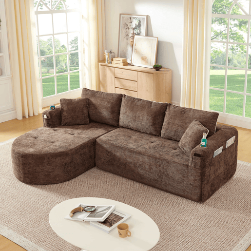 Sofá de canto em L de 3 lugares - Cloud Couch, sem montagem, com porta-copos em aço inoxidável resistente ao calor, estofos em linho respirável e duradouro, bolsos laterais e braços - Castanho