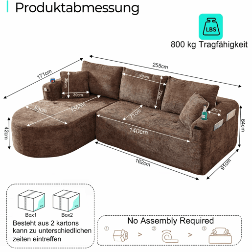 Sofá de canto em L de 3 lugares - Cloud Couch, sem montagem, com porta-copos em aço inoxidável resistente ao calor, estofos em linho respirável e duradouro, bolsos laterais e braços - Castanho