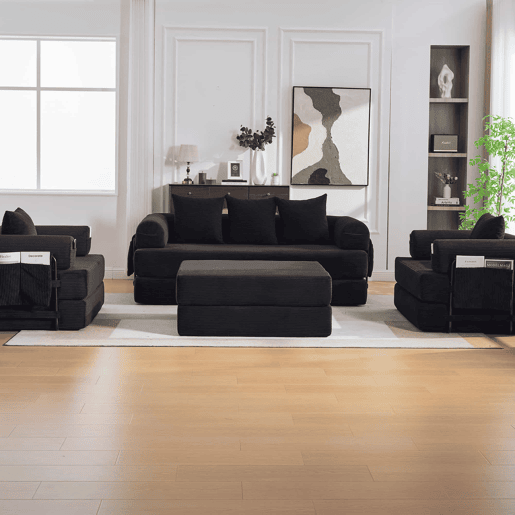 Sofá modular de 4 lugares - inclui pufe, estrutura metálica resistente, bolso lateral, 4 almofadas confortáveis - preto