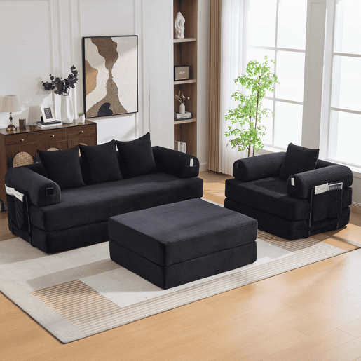 Sofá modular de 4 lugares - inclui pufe, estrutura metálica resistente, bolso lateral, 4 almofadas confortáveis - preto